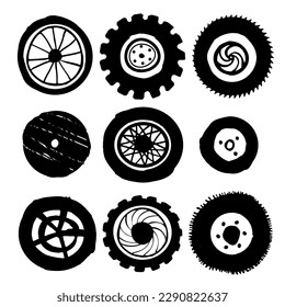 Set of isolated rubber tyre or car tire, truck wheel with metal star rim, lorry disk icon or bus wheels. Vehicle vulcanization or balancing, garage logo or brake maintenance, road, race, drive symbol