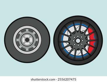 Set of isolated rubber tyre, car tire, truck wheel, racing wheel