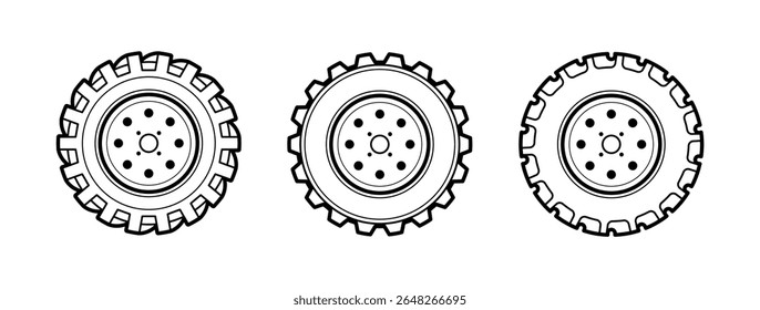 Set of isolated rubber tyre, car tire, truck wheel.