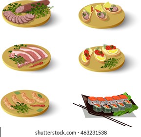 Set of Isolated sandwiches, cold cuts, and Japanese sushi, vector illustration