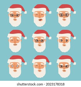 Set of isolated Santa Claus emotions. Happy, sad, wondered and angry Santa avatar faces. Vector illustration