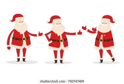 Set of isolated Santa Clauses showing the way. Statues of Father Frost pointing on right direction. Santa stretches one or two hands to demonstrate something. Vector illustration of decorative element