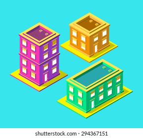 Set of Isolated Saturated High Quality Isometric City Elements. Residential.