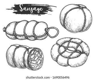 Set of isolated sausage and meat roulade, grease food and steak for butcher shop or store. Hand drawn fried meal for bbq. Unhealthy nutrition. Roasted axunge. Nutrition and gastronomy theme