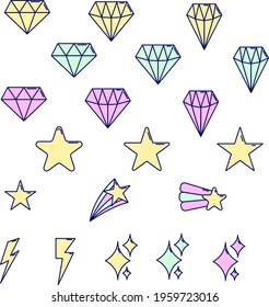 Set of isolated scary elements. Bone, ghosts, cross, bat. Vector illustration in 80s, pastel goth style. Great for Halloween party banners, flyers, greeting or invitation cards, baby or bridal shower.