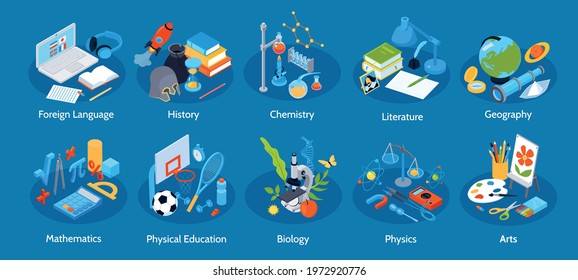 Set of isolated school education compositions with isometric icons belonging to certain discipline and text captions vector illustration