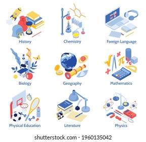 Set of isolated school education subjects compositions with text captions and isometric icons of educational materials vector illustration