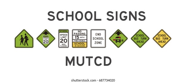 set of isolated school signs of usa
