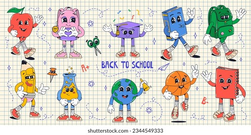 Establece que la escuela aislada proporciona a los personajes groovy en guantes con fondo blanco. Mochila, libro, bola, lápiz, matraz, globo, manzana. Estilo de caricatura clásico plano retro. De vuelta a la escuela.