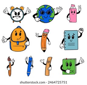 Set isolated school supplies groovy characters in gloves. Education conception. Funky cute characters. Emotional funky notebook, pen and book. School bag, marker and brush.