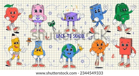 Set isolated school supplies groovy characters in gloves on white background. Bagpack, book, ball, pencil, flask, globe, apple. Flat retro classic cartoon style. Back to school.