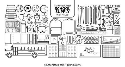 Set of isolated school supply in 61 pieces. Cute objects vector illustration in black outline and white plane on white background.