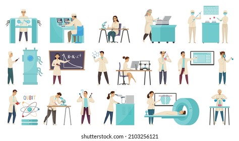 Set with isolated scientific laboratory icons and flat characters of scientists working with various lab appliances vector illustration