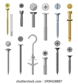 Set of isolated screw and nails. Vector bolt with different nut for drill. Engineering and building tool, construction repair. Hexahedron torx and rivet, mechanical hook fastener. Workshop assortment