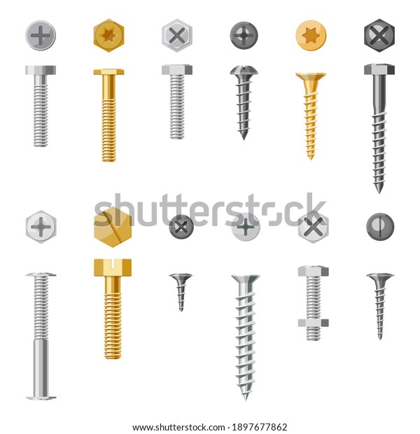 Set of isolated screw and nails. Vector bolt\
with different nut for drill. Engineering and building tool,\
construction repair. Hexahedron torx and rivet, mechanical hook\
fastener. Workshop\
assortment