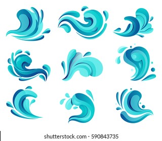 Set of isolated sea or ocean wave, river water icon, nature curvy or wavy symbol of liquid. Tidal gale shape with foam. Water stream or flow motion. Maritime or marine, nautical and oceanic theme