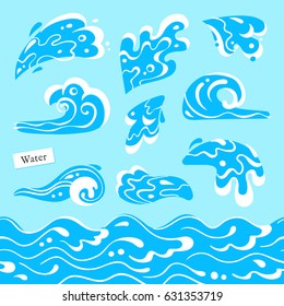 Set of isolated sea or ocean wave, splashes of water and seamless pattern marine stream. Tidal gale shape with foam. Vector illustration.