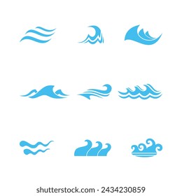 A set of isolated sea waves, blue wave icons, logos or design elements, etc.