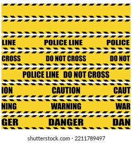 Set of isolated seamless design black yellow police line do not cross strip tape, danger, warning, caution safety seamless ribbon pattern