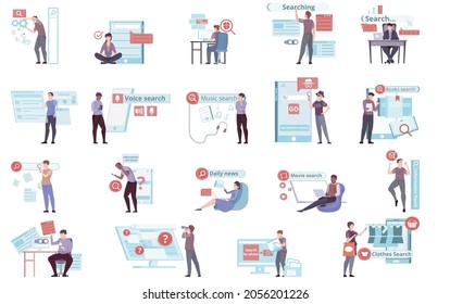 Set of isolated search browser bar icons with flat human characters surrounded by gadgets and goods vector illustration