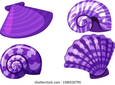 Set of isolated seashells in purple color illustration