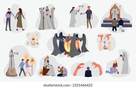 Set with isolated sect cult compositions of flat icons characters of cultists in robes with bonfire vector illustration