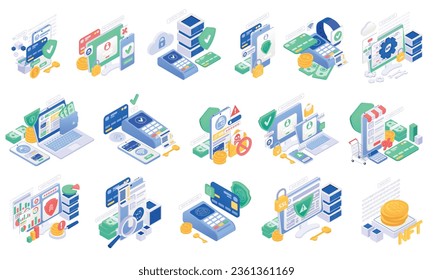 Establecer con composiciones aisladas de pago seguro de iconos aislados de pictogramas dispositivos electrónicos métodos de pago dinero significa ilustración vectorial