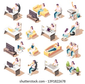 Set of isolated sedentary lifestyle isometric icons of people sitting in different environments with furniture items vector illustration