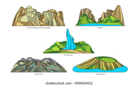Set of isolated seesights of US or USA. Vector Yosemite park and sign of Mount Rushmore memorial, Old Faithful geyser and Death Valley, Diamond Head volcano cone. Nature monument, landscape