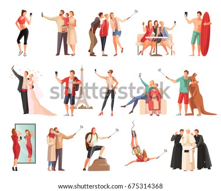 Set of isolated selfie photo modern people flat characters taking photographs of themselves in different situations vector illustration