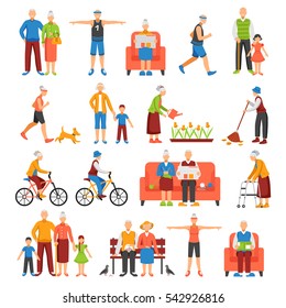 Set of isolated senior people and their family faceless characters doing leisure sport or household activities vector illustration