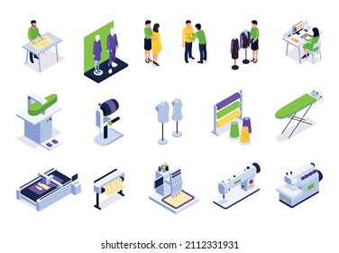 Set with isolated sewing factory color icons with isometric images of factory appliances with human characters vector illustration