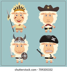 Set isolated sheep in cartoon style in costume of viking, american indian, cowboy and pirate.