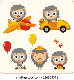 Set isolated sheep for holiday design: in airplane, car, with balloons and gifts.