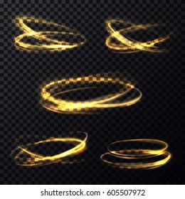Set of isolated shining rings of light or bokeh in round shape. Abstract glowing light particle movement in circle on transparent background. Celebration or disco flashing banner theme