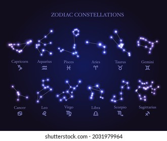 Set of isolated shiny astrology zodiac constellations with signs. Vector illustration EPS 10