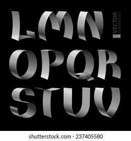 Set of isolated shiny metallic ribbon font L-V letters on black background. RGB EPS 10 vector illustration