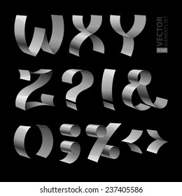 Set of isolated shiny metallic ribbon font W-Z letters and punctuation marks on black background. RGB EPS 10 vector illustration