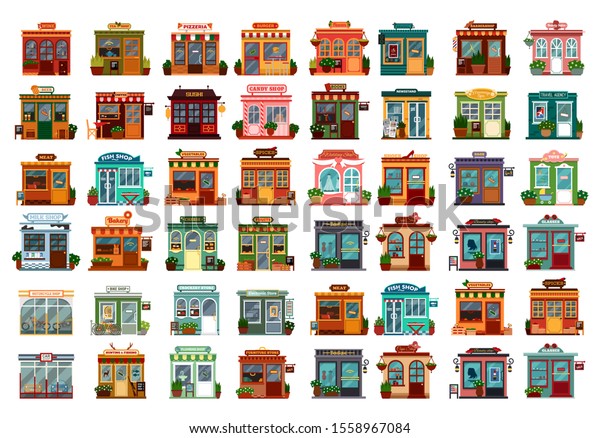 Set of isolated shop facade or store\
buildings. Beauty salon, wine, tea, pizzeria, burger, flower,\
barber, coffee, sushi, travel agency, book, paper, beer, meat,\
fish, food, vegetable.\
Architecture