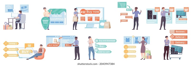 Set of isolated shopping online button compositions with gadgets carts and computers commercial pictograms and text vector illustration