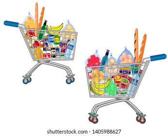 set of isolated Shopping trolley full of food, fruit, products and grocery goods. easy to modify