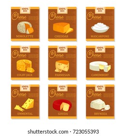 Set of isolated signs for cheese like parmesan and french roquefort, mimolette and mascarpone, bryndza and gouda, colby jack and emmental. Dairy and food, nutrition theme