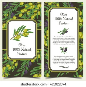 Set of isolated signs with dark or light, green olive berries on branches or stem with leaves. Poster for garden grove or vegetarian market, vegan shop or store. Food, organic nutrition, health theme