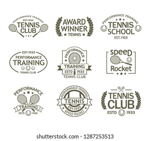 Set of isolated signs with racket and ball for tennis. Vintage logo with shield and winner cup or trophy for summer sport. Badge for tennis training club or school, professional team or tournament.