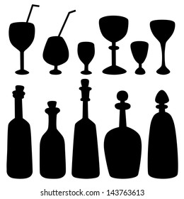 Set isolated silhouette bottles, stemware, decanters and wine glass - vector