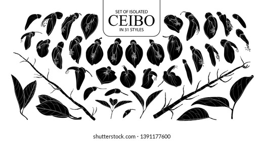 Set of isolated silhouette Ceibo in 31 styles. Cute hand drawn flower vector illustration in white outline and black plane on white background.