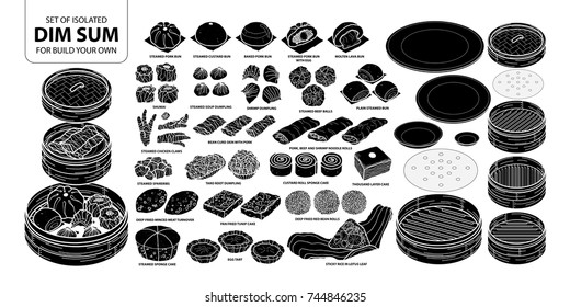 Set of isolated silhouette Chinese food, Dim Sum for build your own. Cute hand drawn food vector illustration in white outline and black plane on white background.