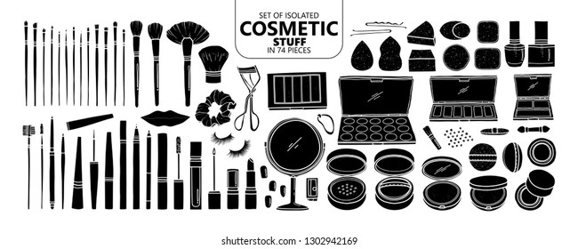 Set of isolated silhouette cosmetic stuff in 74 pieces. Cute hand drawn vector illustration of makeup products in black plane and white outline on white background.