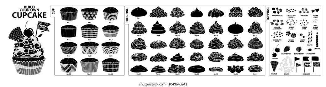 Set of isolated silhouette cups, frosting and toppings for build your own cupcake. Cute hand drawn style in black plane and white outline on white background.