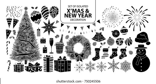 Set of isolated silhouette decoration for Christmas and New year. Vector illustration in white outline and black plane on white background.